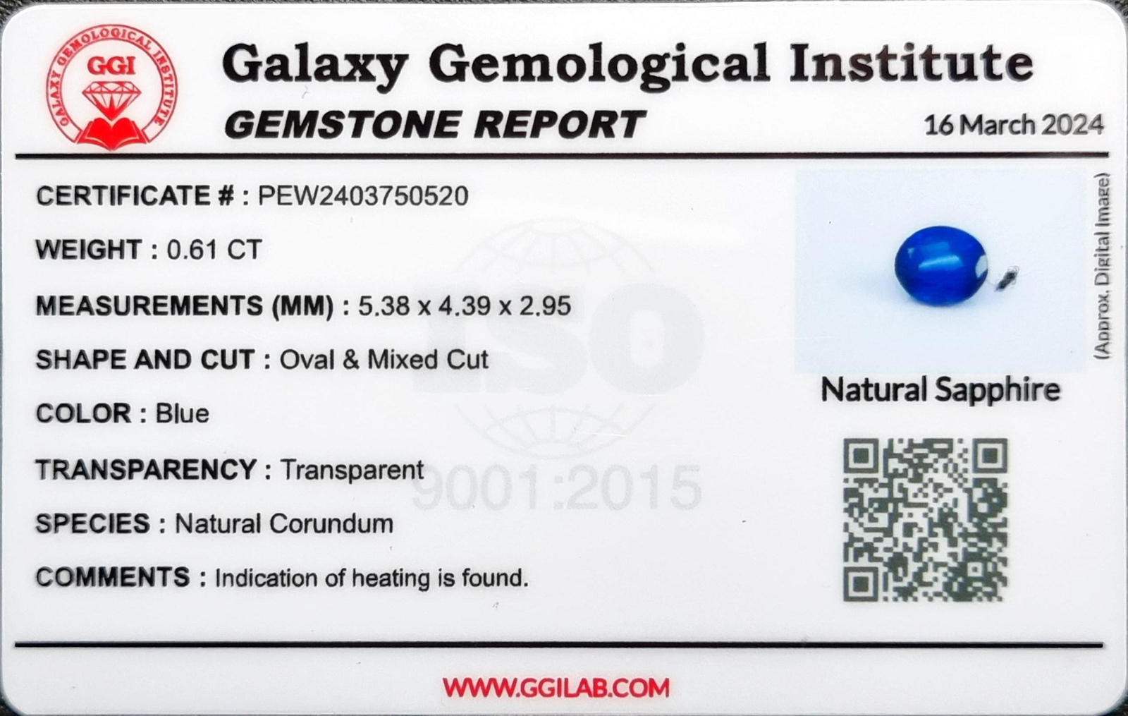 0.61 ct Natural Blue Sapphire Oval Shape Gemstone Certified by Galaxy Gemological Institute